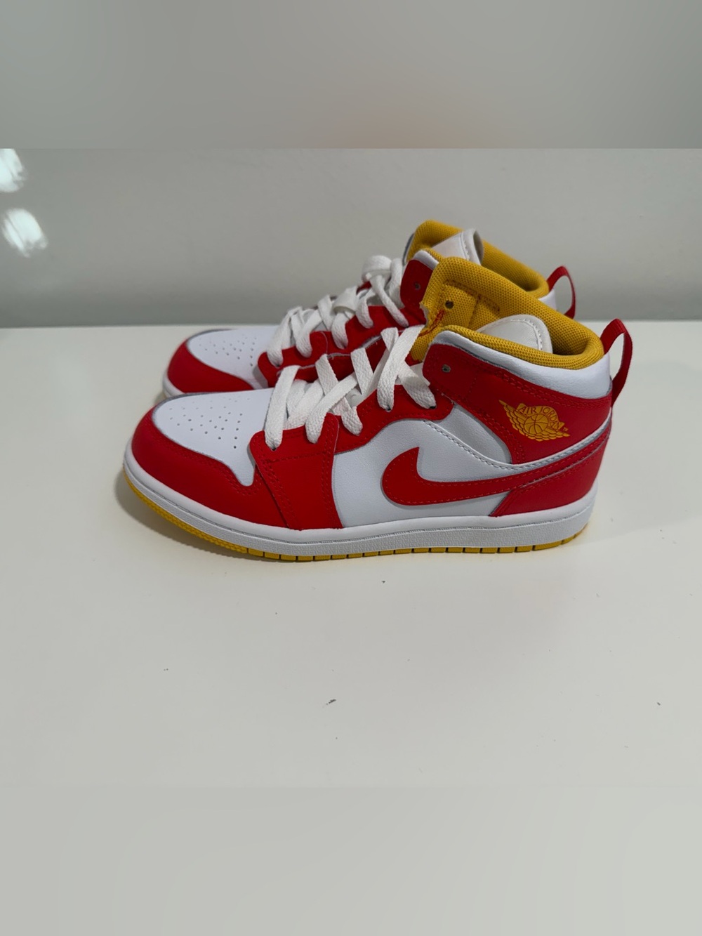 Jordan 1 Kids' Red & White Mid-Top Sneakers with Yellow Accents size 1.5y